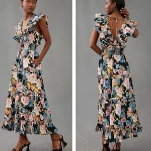 Anthropologie Love the Label Kylie flower floral boho maxi dress large LP petite